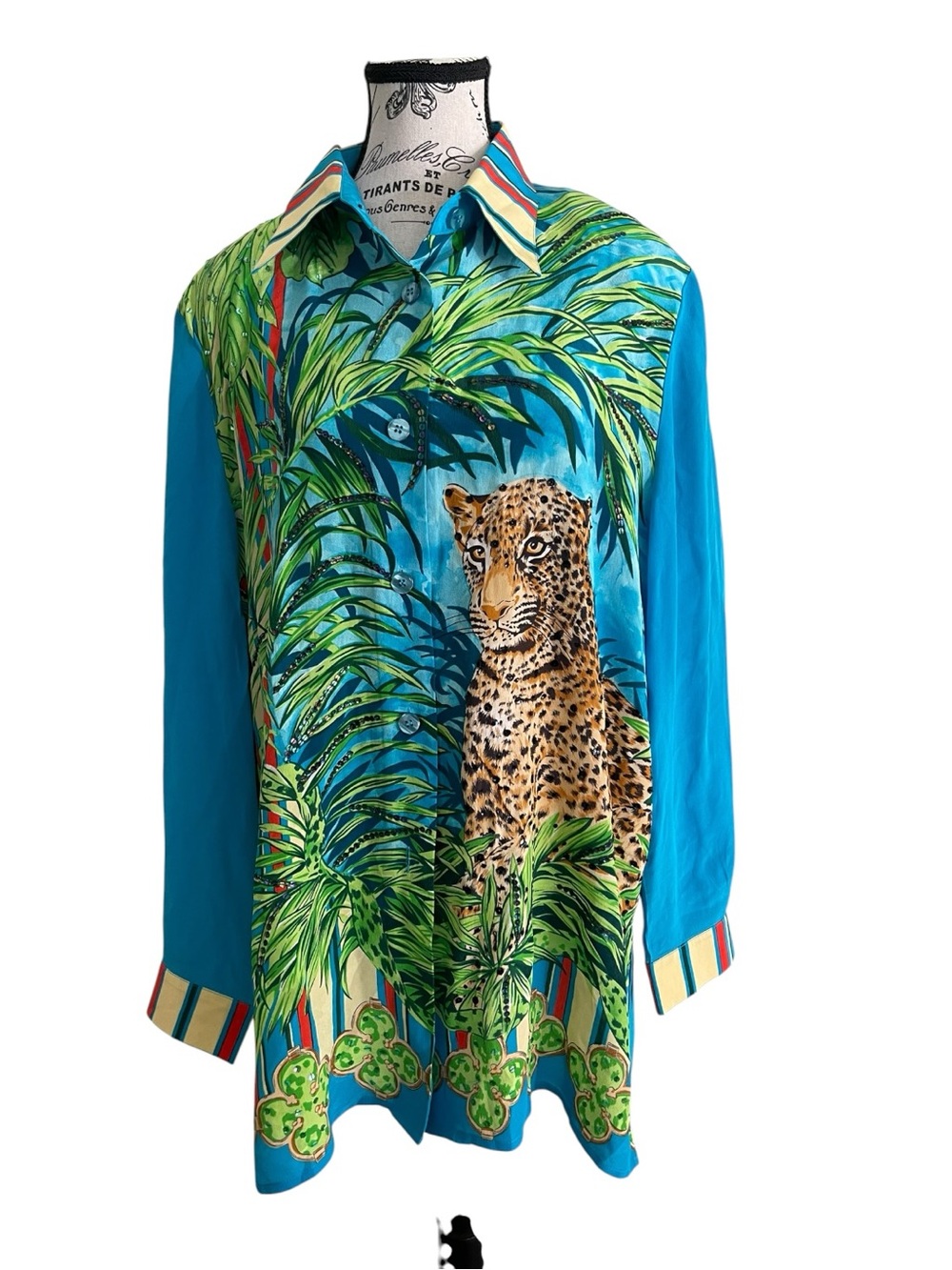 Vintage 90s Diane Gilman Turquoise Silk Leopard Jungle Print Blouse NWT Size L